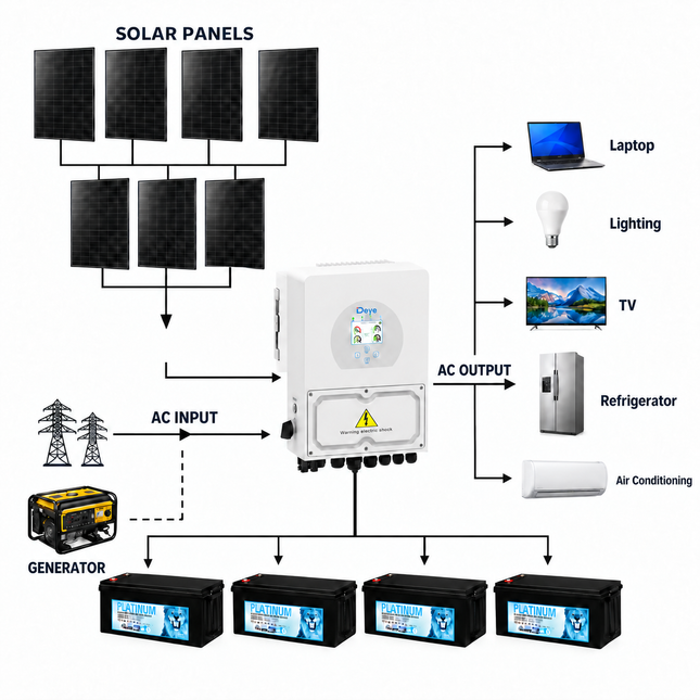 Deye hybrid solar system connection diagram with JA Solar panels and PLATINUM gel batteries