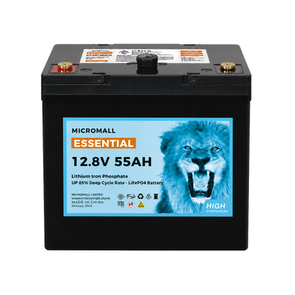Micromall Essential 12.8V 55Ah LiFePO4 battery front view on transparent background