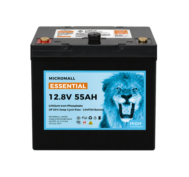 Micromall Essential 12.8V 55Ah LiFePO4 battery front view on transparent background