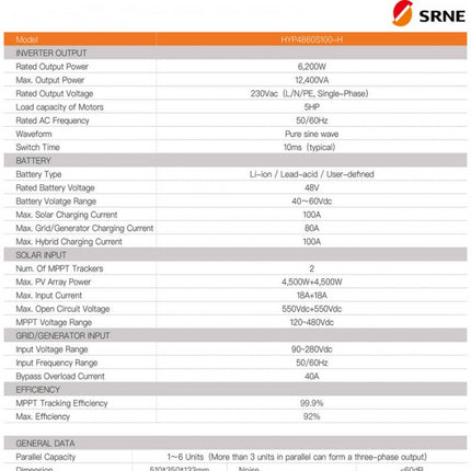 SRNE 6KW Single Phase Hybrid Solar Inverter HYP4860S100-H-2