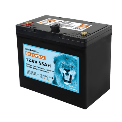 Micromall Essential 12.8V 55Ah LiFePO4 battery angled view