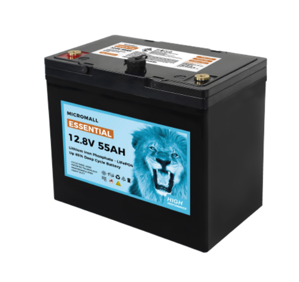 Micromall Essential 12.8V 55Ah LiFePO4 battery angled view
