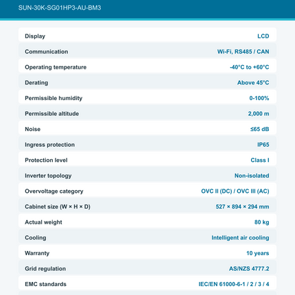 Deye SUN-30K-SG01HP3-AU-BM3 general data and compliance specifications