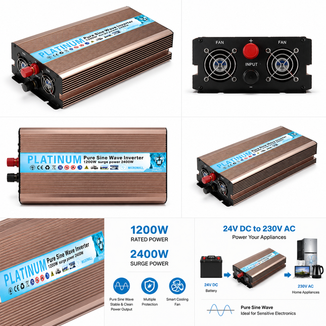 Pure Sine Wave Power Inverter 1200W 2400w DC USB 24V-230V Converter Overload
