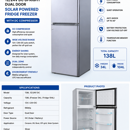138L 12-24V DC Upright Dual Door Solar Powered Fridge Freezer with DC Compressor