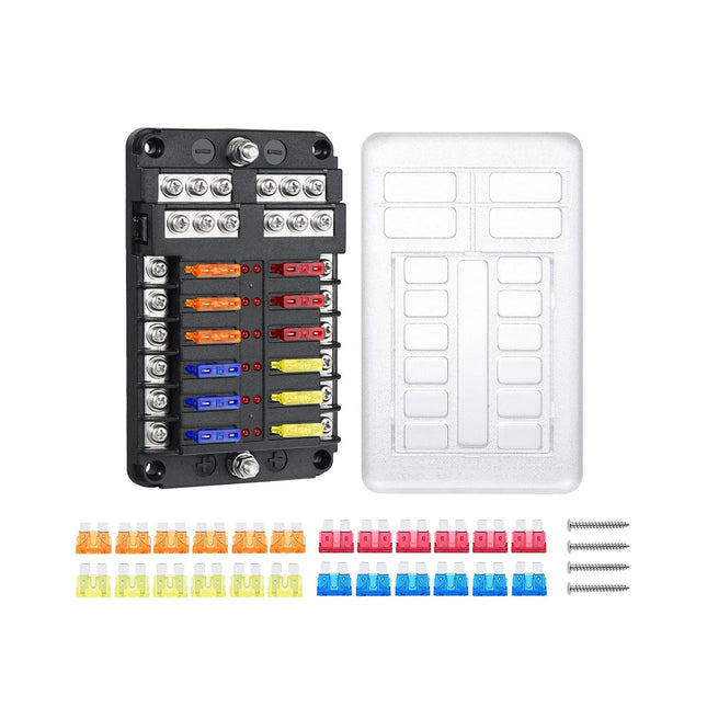 12 Way Blade Fuse Block with Negative Bus - 12 Circuit Fuse Box Holder