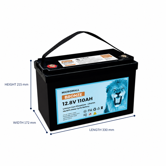 BTL-12V110B battery dimensions: length 330 mm, width 172 mm, height 215 mm
