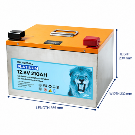 BTL-12V210M clear side-view battery dimensions: length 355 mm, width 232 mm, height 230 mm