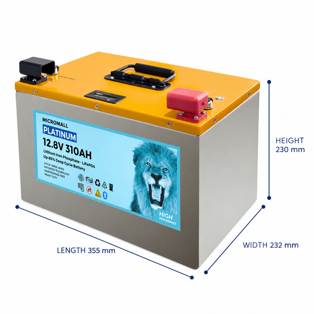 BTL-12V310M battery dimensions: length 355 mm, width 232 mm, height 230 mm