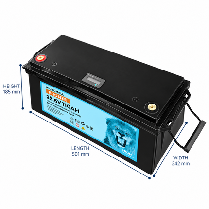 BTL-24V110B clear side-view battery dimensions: length 501 mm, width 242 mm, height 185 mm