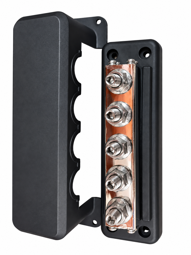 1 Pair M10 5-Post 600A Power Distribution Block Bus Bar with Cover