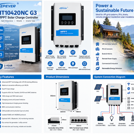 EPEVER IT10420NC G3 100A MPPT Solar Charge Controller 12V/24V/48V Auto
