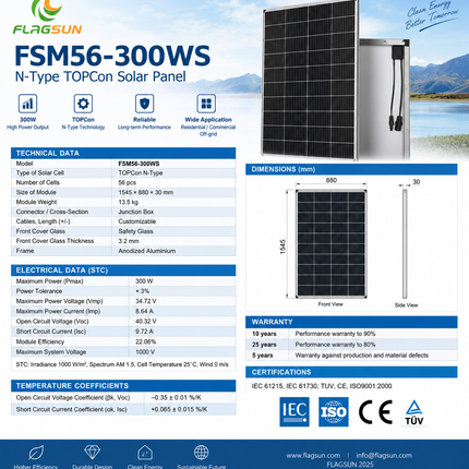 FLAGSUN 300W TOPCon N-Type Solar Panel – FSM56-300W