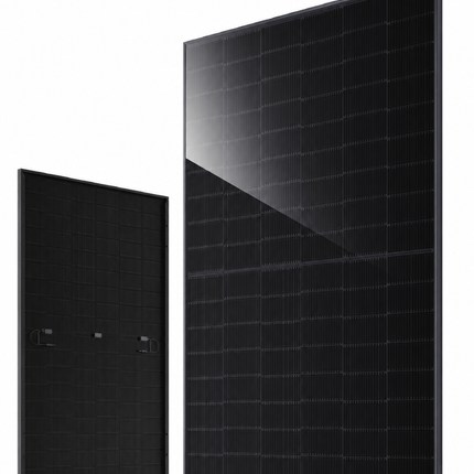 JA Solar JAM54D41-460/LB 460W full-black bifacial solar panel front and rear views on white background