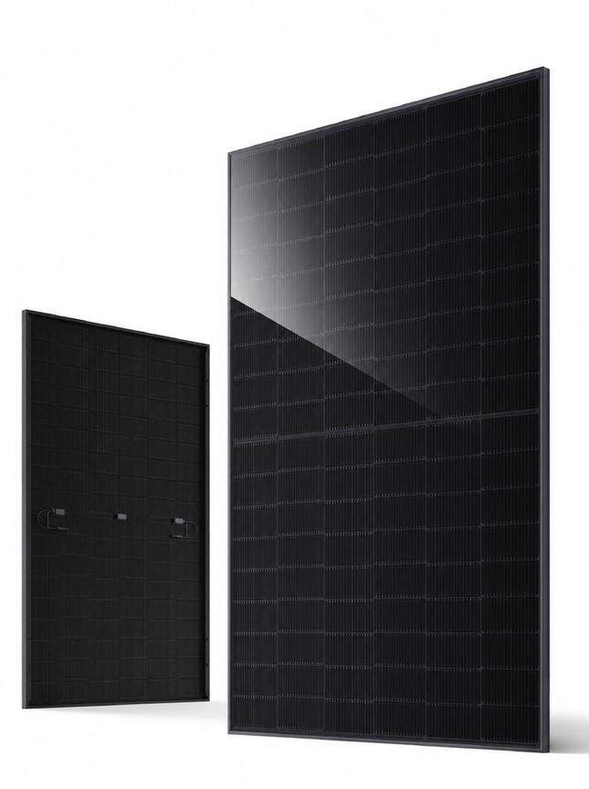 JA Solar JAM54D41-460/LB 460W full-black bifacial solar panel front and rear views on white background