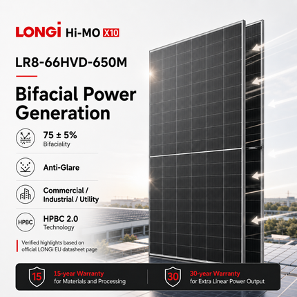 LONGi Hi-MO X10 650W Bifacial Dual Glass Solar Panel – LR8-66HVD-650M