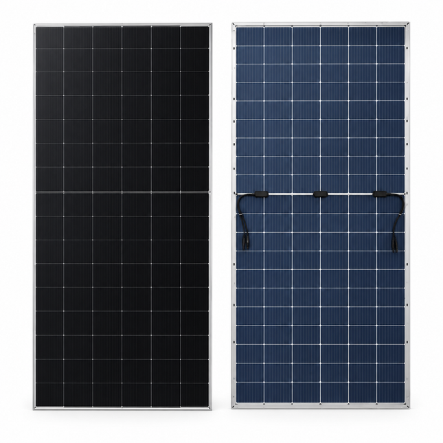 LONGi LR8-66HYD-650M 650W Hi-MO 9 bifacial solar panel front and rear views on white background