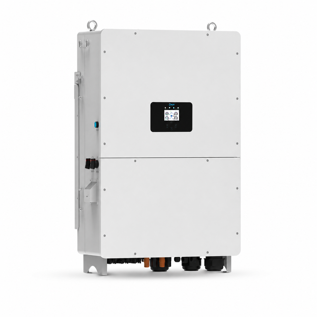Deye SUN-100K-SG02HP3-AU-GM8 hybrid inverter on white background