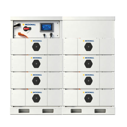 MICROMALL 128kWh battery storage package with eight B16LTP-48320 battery modules and HV-1000-PRO controller