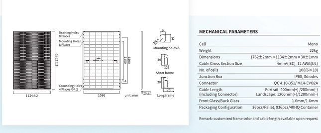 JA Solar JAM54D41-460/LB English mechanical dimensions and construction details