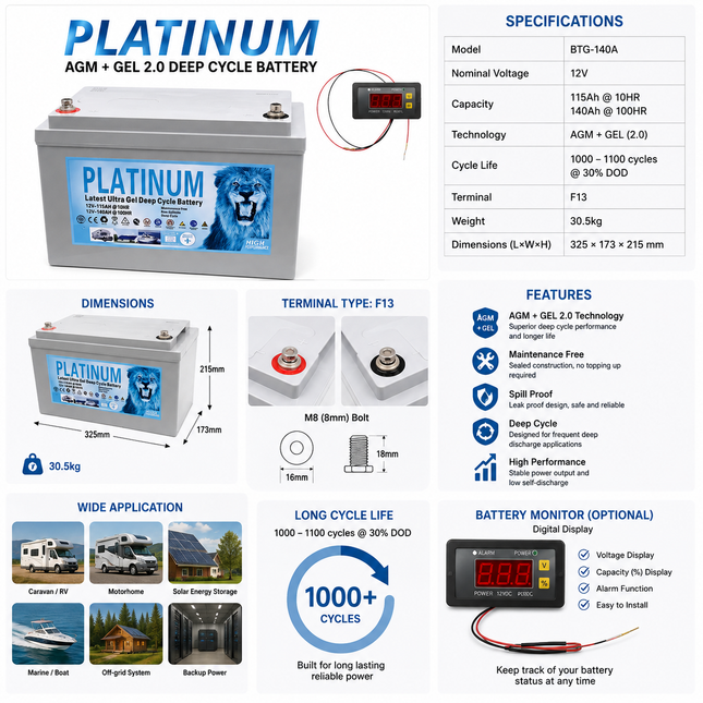 2026 Platinum Lead Acid AGM + GEL 2.0 115Ah 140Ah 12V Deep Cycle Battery