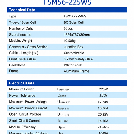Flagsun FSM56-225WS 225W BC solar panel technical specifications
