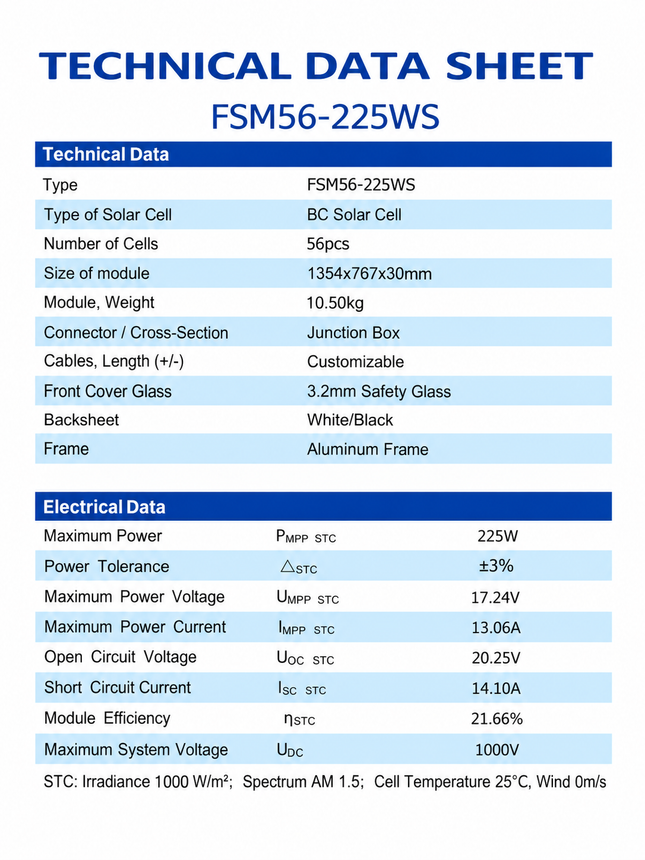 Flagsun FSM56-225WS 225W BC solar panel technical specifications