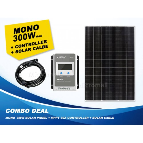 Premium 12V/24V/31.5V 300W Mono Solar Panel + 30A MPPT Controller + Cable - Micromall Solar
